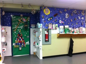 Our door is complete! Look at all that fake snow. 