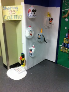 Some milk jug snowmen and a dish detergent/pringles penguin - who is ice fishing! 