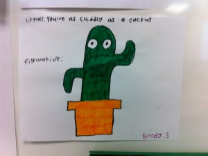 The simile "You're as cuddly as a cactus" is illustrated as if it were literal. 