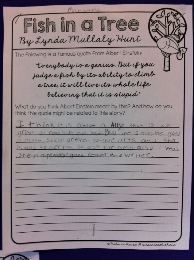 "I think it is about Ally that is not great at reading but not bad. But she is maybe good at Math, Social, or even Language Arts and she is way to nervous t ask for help, also, I bet she is a pretty good reader and writer." - Mohamed